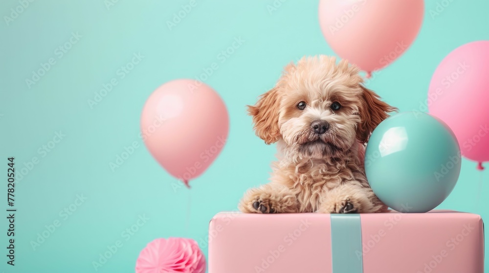 Poster a 3d showcases a playful puppy peeking out from behind a birthday present,set against a whimsical pa