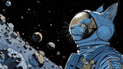 Comic strip of a space cat navigating asteroid fields its mission to find the galaxys best catnip - obrazy, fototapety, plakaty