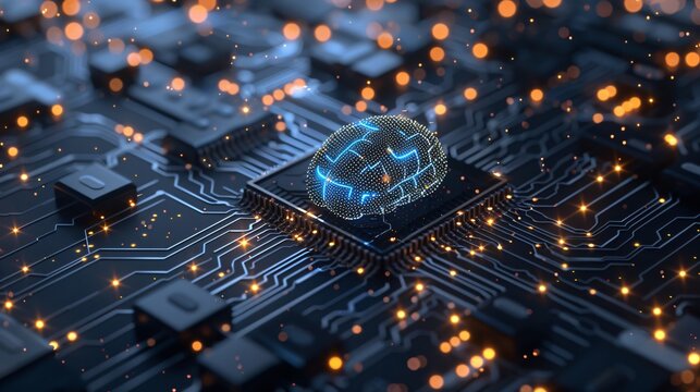 Concept piece showing a brain and AI chip melding together the chips circuitry glowing with bioluminescent light weaving through the cosmos of the minds inner universe