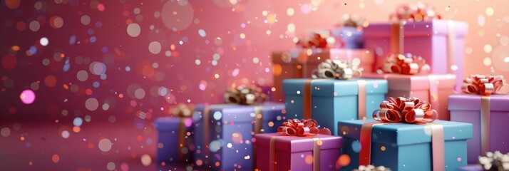 Festive 3D scene showcases an assortment of brightly colored gift boxes with vibrant ribbons and bows,creating a visually appealing and celebratory display The arrangement of the packages