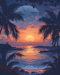 A chill summer yoga retreat poster with serene beach and palm tree silhouettes against a tranquil dawn sky