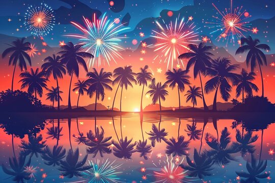 4th of July beach party poster with fireworks bursting over palm trees and the ocean