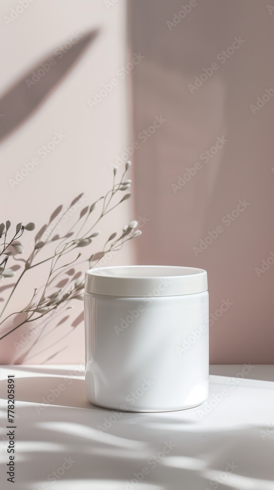 Poster minimalist white container on a white surface with soft shadow play and botanical elements in the ba