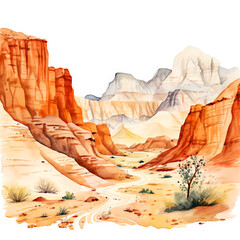 Watercolor Desert Canyon Mountain Landscape Painting isolated on White Background