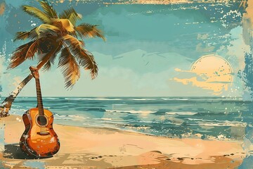 A summer beach concert poster with an acoustic guitar leaning against a palm tree - obrazy, fototapety, plakaty