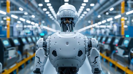 Fototapeta premium Rear view of a robot as it lifts a heavy load the background a tapestry of conveyor belts and automated processes showcasing the strength and efficiency of machine labor