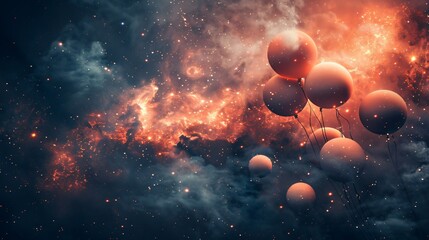 Surreal scene of balloons floating through a starfield illuminating the darkness with their soft bioluminescent glow a contrast of simplicity and infinity - obrazy, fototapety, plakaty