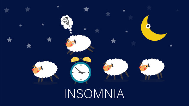 Sheep jumping over clock on night background. Insomnia, sleep disorder, sleeplessness, dream, trying to sleep, counting the sheep concept.