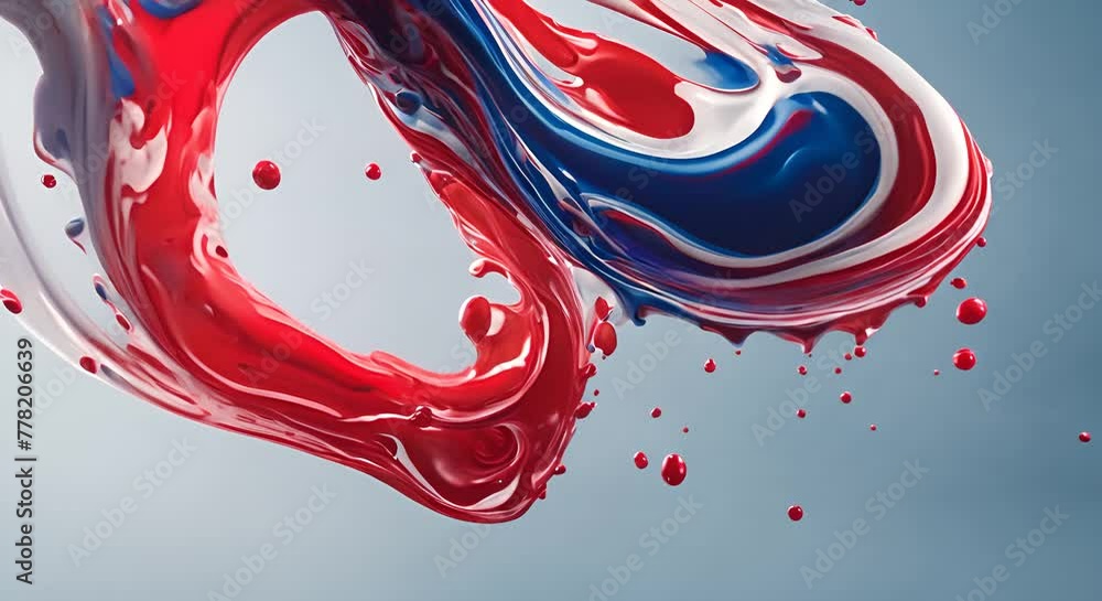 Poster mix of red white blue color paints with blended drops on fluid while forming abstract patterns again