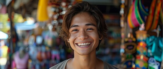 Happy person in a shop, smiling man in the street, New York fashion scene with teenagers and children enjoying outdoors
