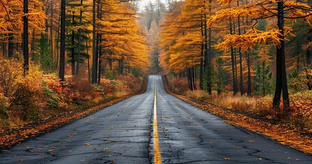 scandinavian road, summer, highway, beautiful autumn evening, pines, spruces, landscape photography
