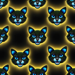 Seamless pattern with cat heads. illustration isolated on black background.