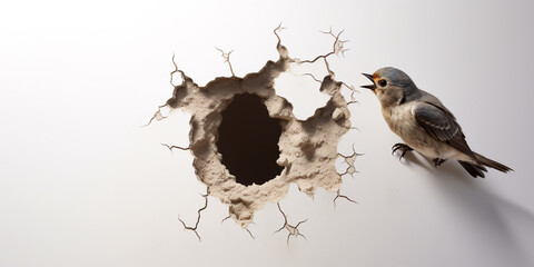 a bird peeking from a hole in a wall carry a acorn isolatet on a white backround сreated with Generative Ai