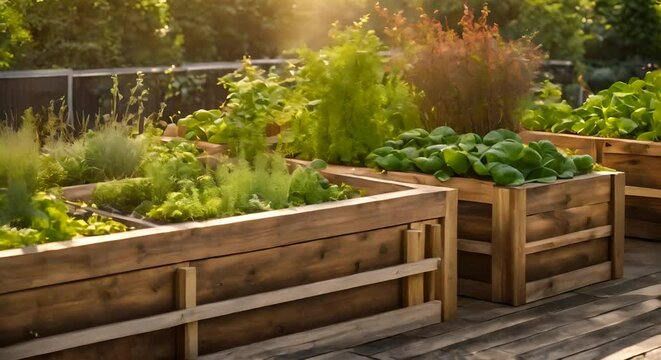 Wooden raided beds in modern garden growing plants herbs spices vegetables Community urban rooftop garden