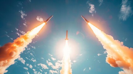 Three missiles ascend powerfully into the blue sky with fiery trails, reflecting defense technology and strategic military might. - obrazy, fototapety, plakaty