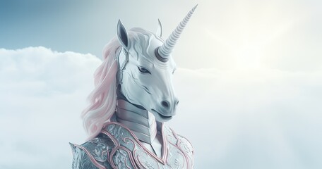 Sci-fi fantasy photography, beautirful white unicorn facing camera, minimalistic background - obrazy, fototapety, plakaty