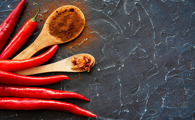 Red hot chili pepper composition, spicy organic paprika and different seasonings background	