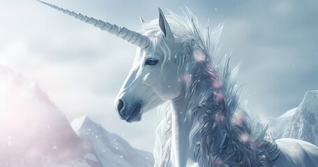 Sci-fi fantasy photography, beautirful white unicorn facing camera, minimalistic background - obrazy, fototapety, plakaty