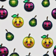 Seamless pattern of funny cartoon apples with eyes and mouth.