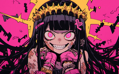 Cyberpunk anime girl Crazy zombie woman digital painting. demon woman evil dark Halloween theme. generative ai	