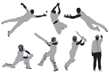 A collection of vector illustrations of cricket players fielding and batting and an umpire in black and white