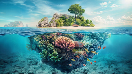 Idyllic floating island with a sandy beach, dense foliage, and a vibrant coral reef with colorful fish in the clear blue ocean. - obrazy, fototapety, plakaty