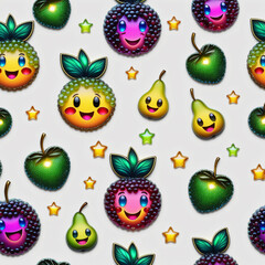Seamless pattern of kawaii fruit faces. illustration.