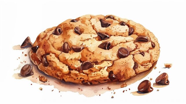 Detailed Watercolor of a Freshly Baked Chocolate Chip Cookie with Lovingly Rendered Crinkles and Chocolate Morsels