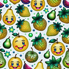 Seamless fruit pattern with smiling pineapple, pears and pear