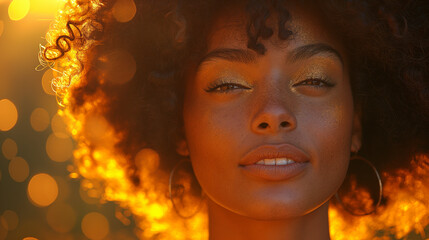 Fototapeta premium Sunny day. Narrowed black woman with curly hair and sunlights on her hair is outdoors. Natural woman beauty concept. Selective focus. 