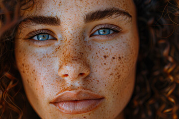 Intense Gaze of a Woman with Blue Eyes and Freckles.