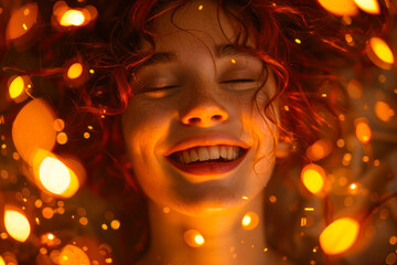 Woman Embraced by Sparkling Lights.