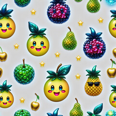 Seamless pattern with cute cartoon pineapple and fruits. illustration.