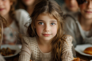 Young Girl at Table with Soft Focus Friends.