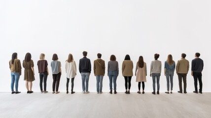 Diversity conception, People in casual clothes standing backside in a line against each other in front of a white wall.