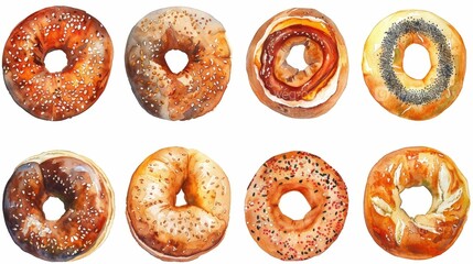 Vibrant Assortment of Artfully Crafted Bagel Watercolor Icons Showcasing Diverse Textures and Toppings