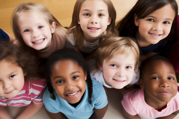 Group of diverse children from above