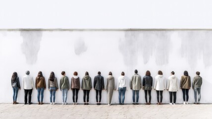 Diversity conception, People in casual clothes standing backside in a line against each other in front of a white wall.