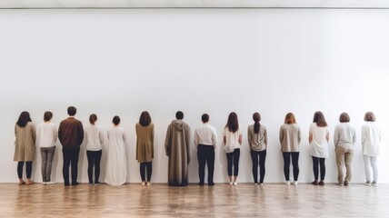 Diversity conception, People in casual clothes standing backside in a line against each other in front of a white wall.
