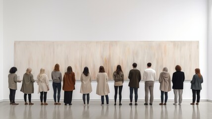 Diversity conception, People in casual clothes standing backside in a line against each other in front of a white wall.