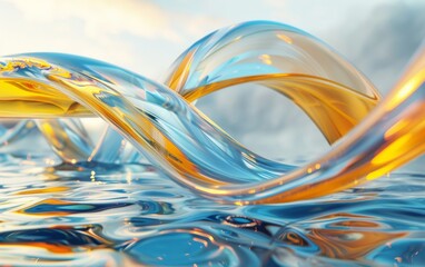 3d render abstract background. Transparent glossy glass ribbon on water. Yellow and blue colors curved wave in motion. Modern design element for banner background, wallpaper. Ukraine flag symbol