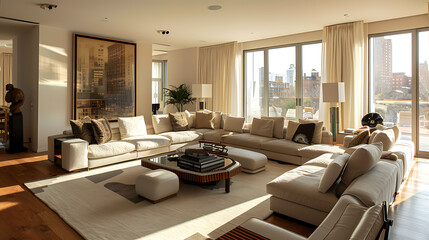 Fototapeta premium Luxury living room with a large window overlooking the city.