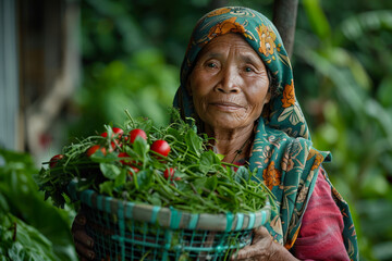 Elderly Woman Holding Freshly Picked Chili Peppers.