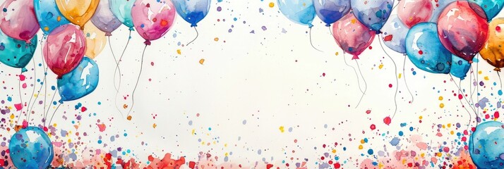 Vibrant Watercolor Cascade of Balloons and Confetti Framing a Celebratory Scene