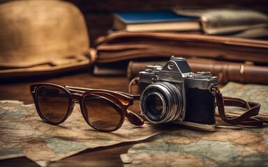 Close-up of a map, sunglasses, and vintage camera on a wooden table, planning a travel route