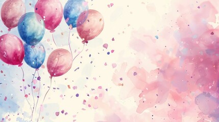 Delicate Watercolor Birthday Border with Floating Balloons and Scattered Confetti Encapsulating Festive