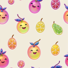 Seamless pattern with cute kawaii fruits. illustration.
