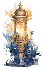 Fototapeta premium Vintage lantern with fiery and aquatic imagery