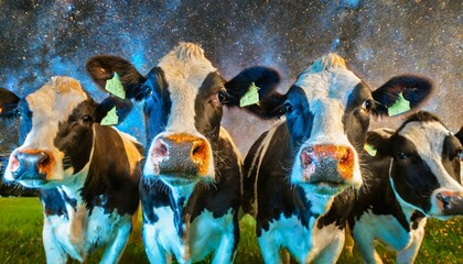 Wallpaper Curious black and white Holstein dairy cows pushing their noses up to the camera in a close group - obrazy, fototapety, plakaty