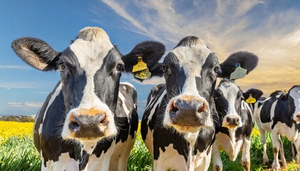 Wallpaper Curious black and white Holstein dairy cows pushing their noses up to the camera in a close group